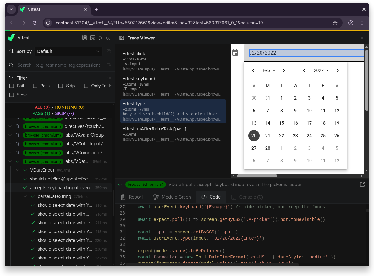 Vitest UI trace 查看器显示步骤列表和 DOM 快照