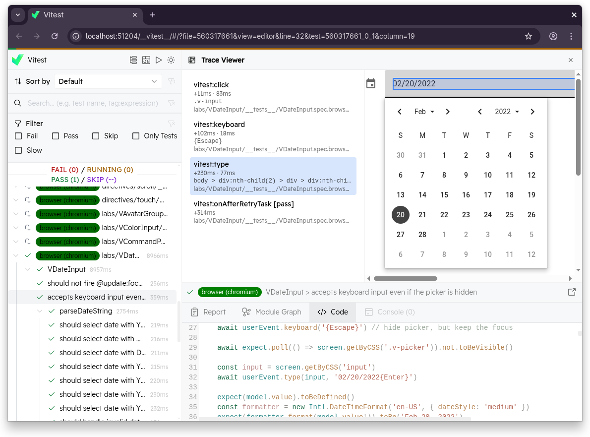 Vitest UI trace 查看器显示步骤列表和 DOM 快照
